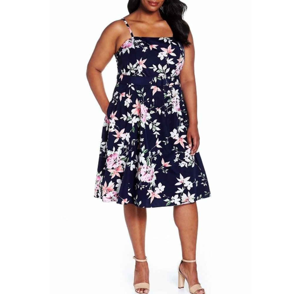 Eliza J Floral Fit & Flare Dress Plus Size 14W Navy Pink Belted Lightweight $128